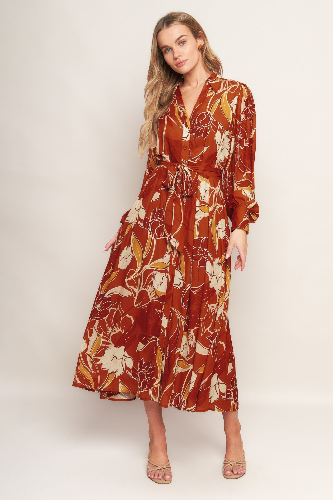 Boho V Neck Midi Dress with Bishop Sleeves Trendy Midi Dresses Outfit Idea for Women | Ro + Ivy