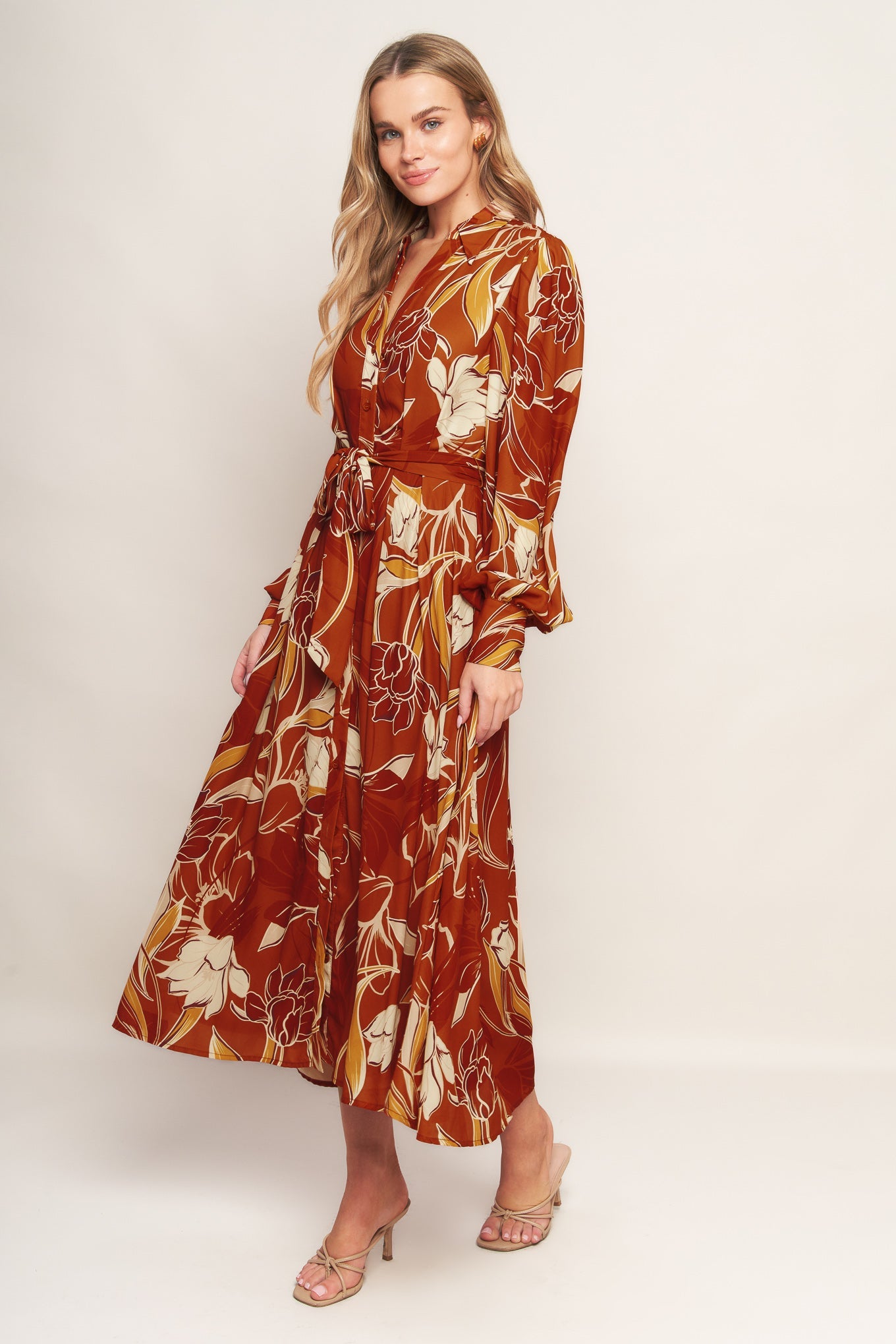 Boho V Neck Midi Dress with Bishop Sleeves Trendy Midi Dresses Outfit Idea for Women | Ro + Ivy