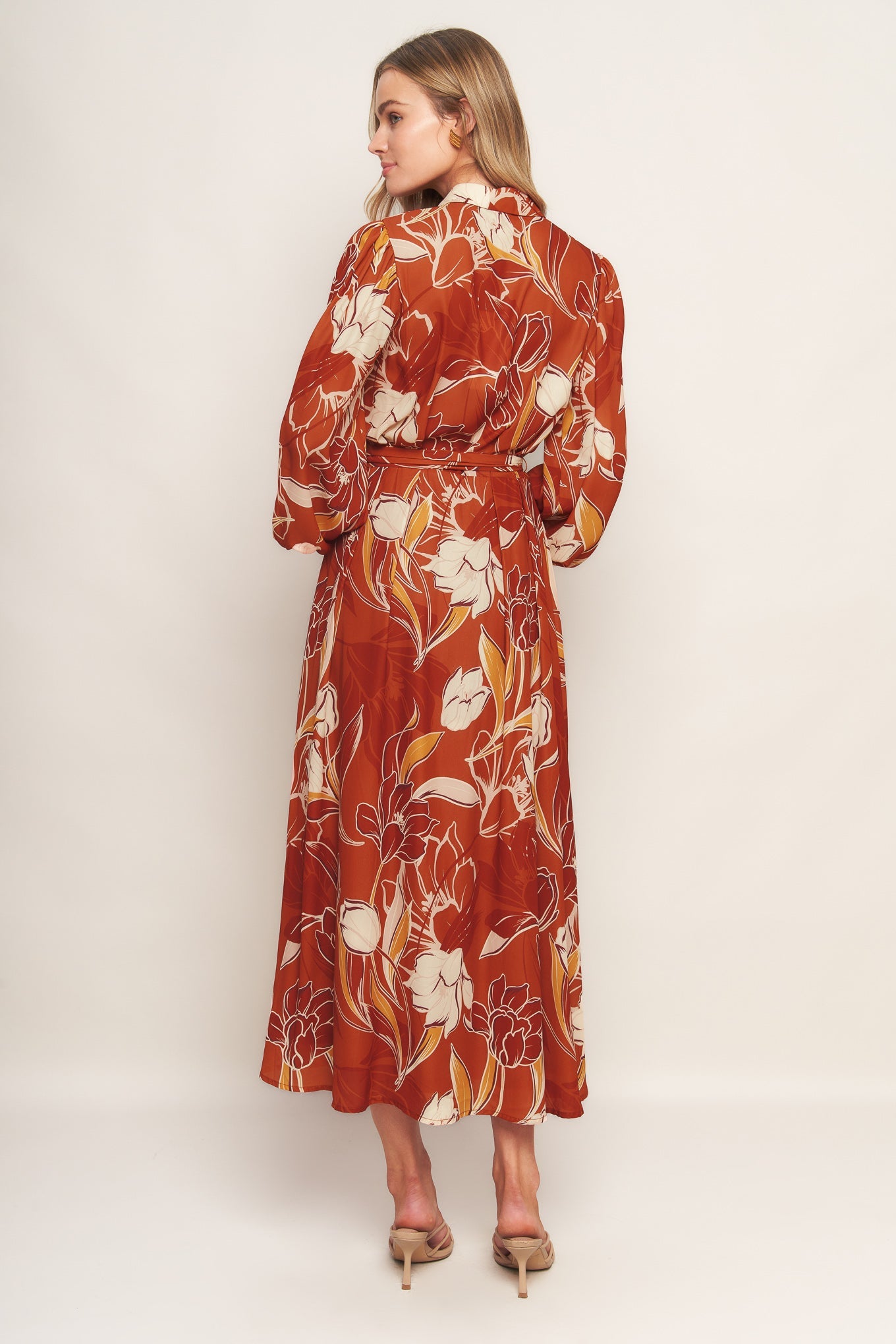 Boho V Neck Midi Dress with Bishop Sleeves Trendy Midi Dresses Outfit Idea for Women | Ro + Ivy