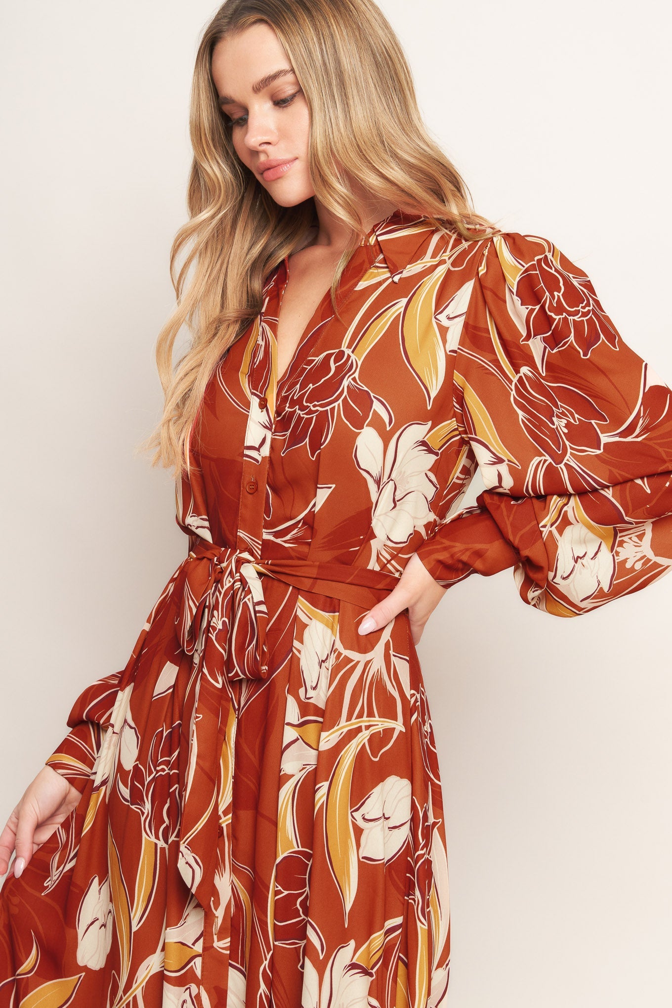 Boho V Neck Midi Dress with Bishop Sleeves Trendy Midi Dresses Outfit Idea for Women | Ro + Ivy