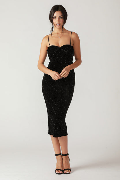 Velvet Midi Dress with Square Neckline and Elegant Fitted Silhouette