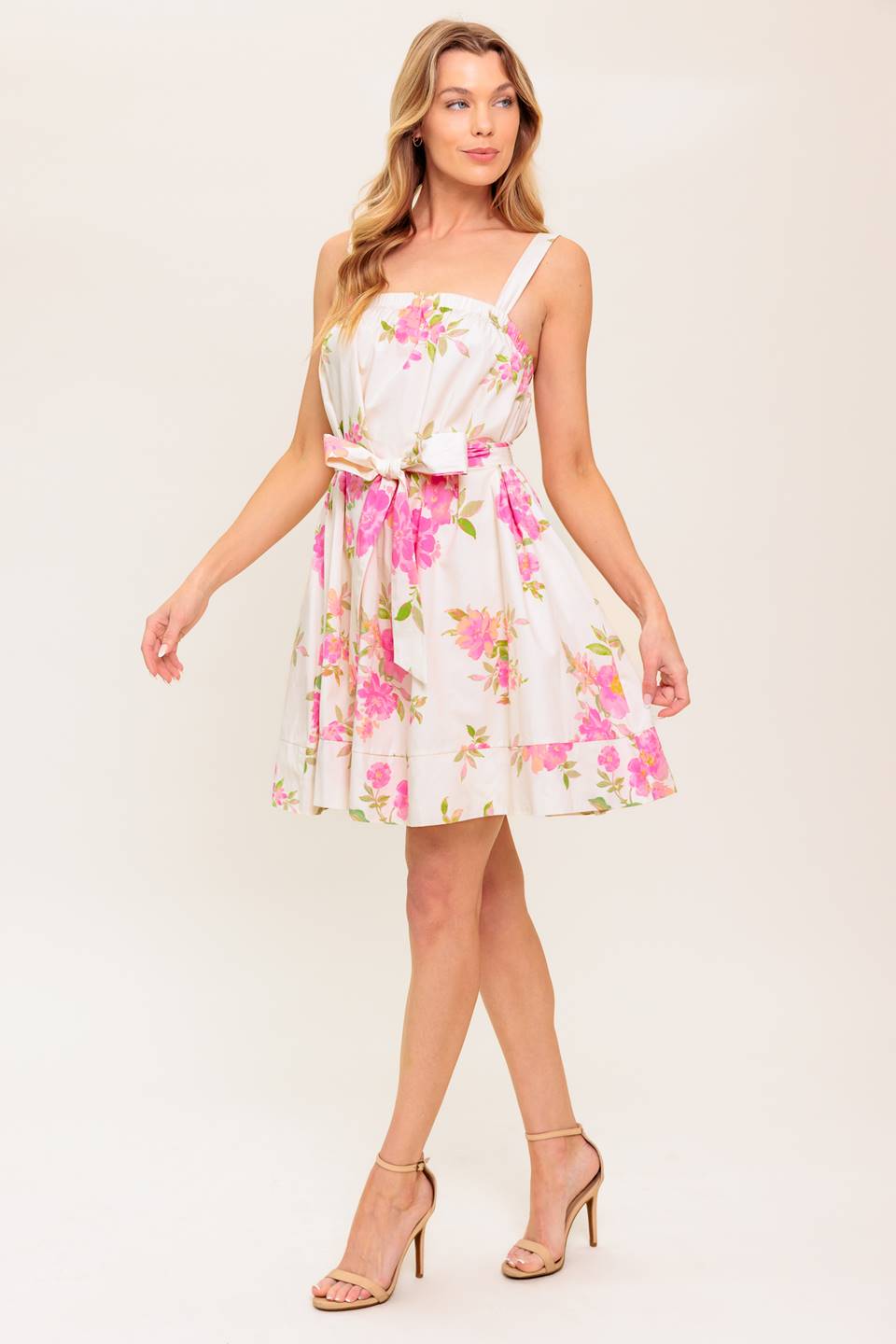 Pink Floral Spring Cotton Mini Dress with Bow Tie and Pockets | Trendy Mini Dresses Outfit Idea for Women by Ro + Ivy | Elevated Basics, Modern Comfort & Style