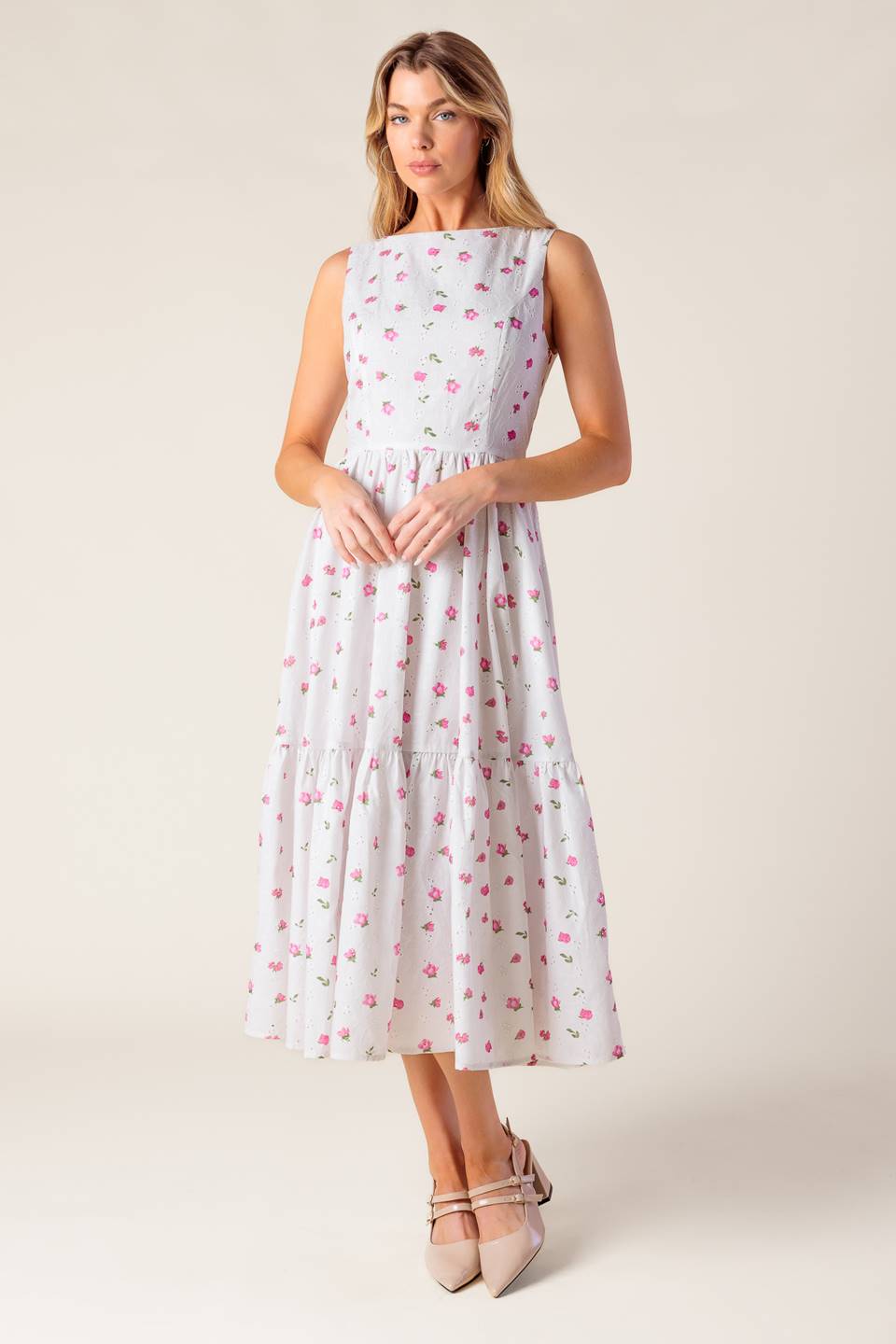 Spring Floral Print Garden Party Eyelet Midi Dress | Trendy Midi Dresses Outfit Idea for Women by Ro + Ivy | Elevated Basics, Modern Comfort & Style