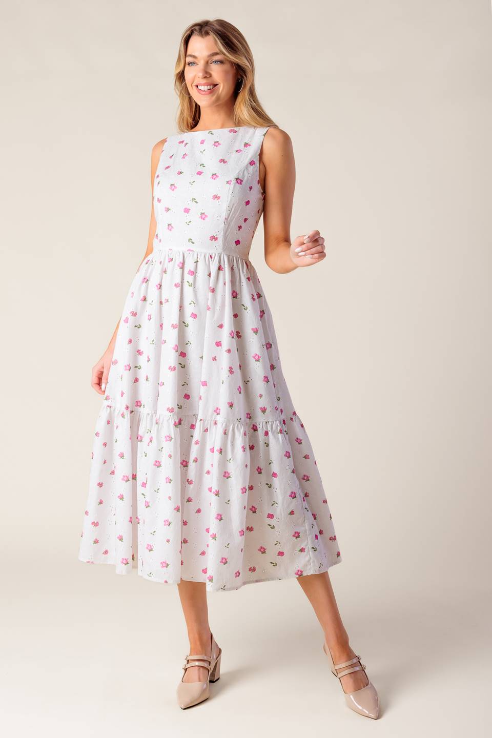 Spring Floral Print Garden Party Eyelet Midi Dress | Trendy Midi Dresses Outfit Idea for Women by Ro + Ivy | Elevated Basics, Modern Comfort & Style