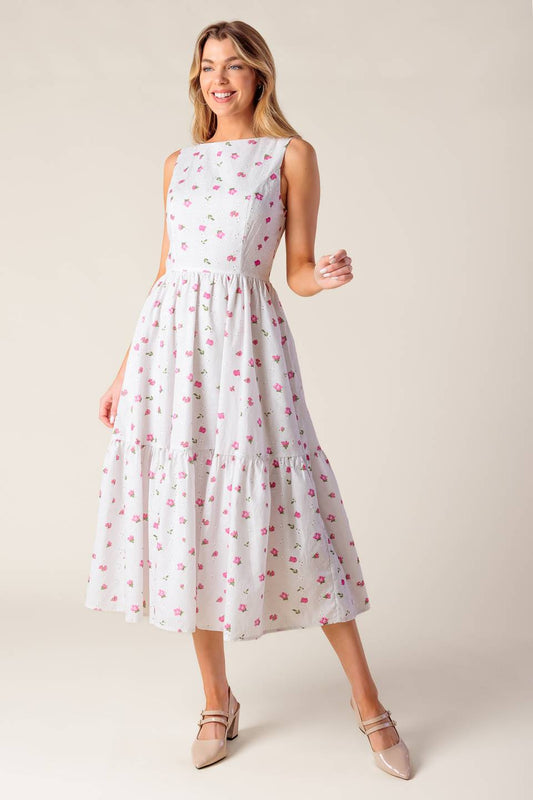 Spring Floral Print Garden Party Eyelet Midi Dress | Trendy Midi Dresses Outfit Idea for Women by Ro + Ivy | Elevated Basics, Modern Comfort & Style