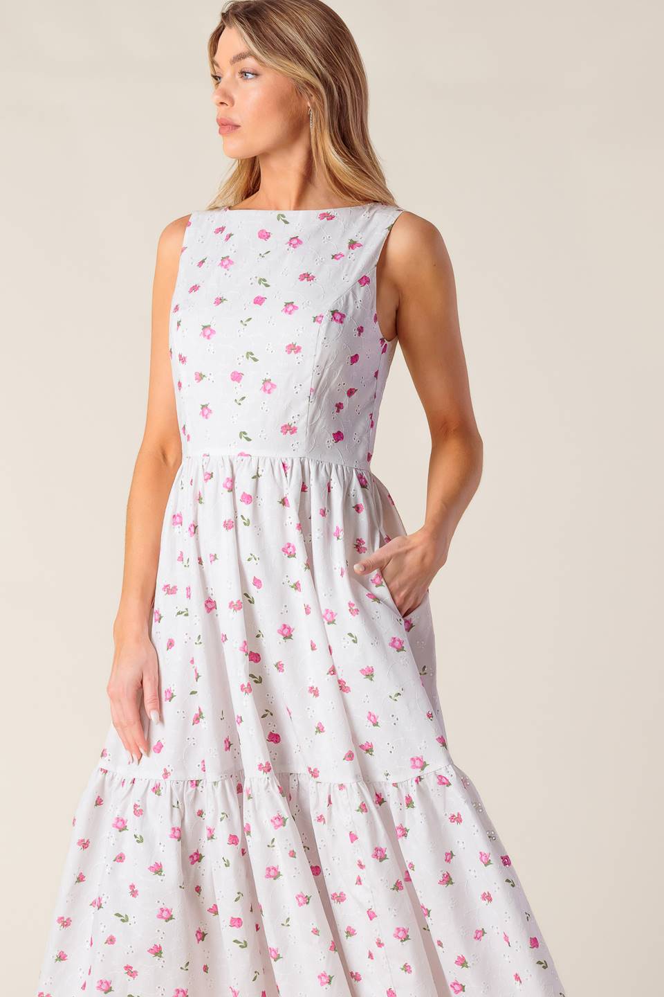 Spring Floral Print Garden Party Eyelet Midi Dress | Trendy Midi Dresses Outfit Idea for Women by Ro + Ivy | Elevated Basics, Modern Comfort & Style