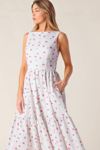 Spring Floral Print Garden Party Eyelet Midi Dress | Trendy Midi Dresses Outfit Idea for Women by Ro + Ivy | Elevated Basics, Modern Comfort & Style