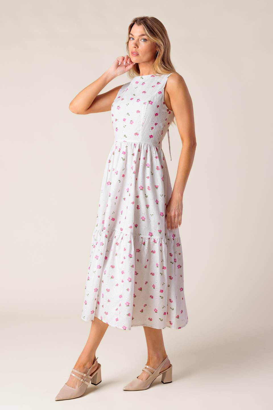 Spring Floral Print Garden Party Eyelet Midi Dress | Trendy Midi Dresses Outfit Idea for Women by Ro + Ivy | Elevated Basics, Modern Comfort & Style