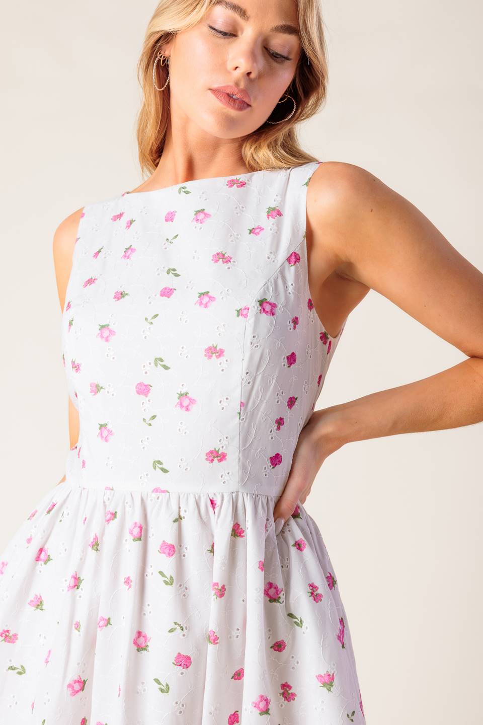 Spring Floral Print Garden Party Eyelet Midi Dress | Trendy Midi Dresses Outfit Idea for Women by Ro + Ivy | Elevated Basics, Modern Comfort & Style