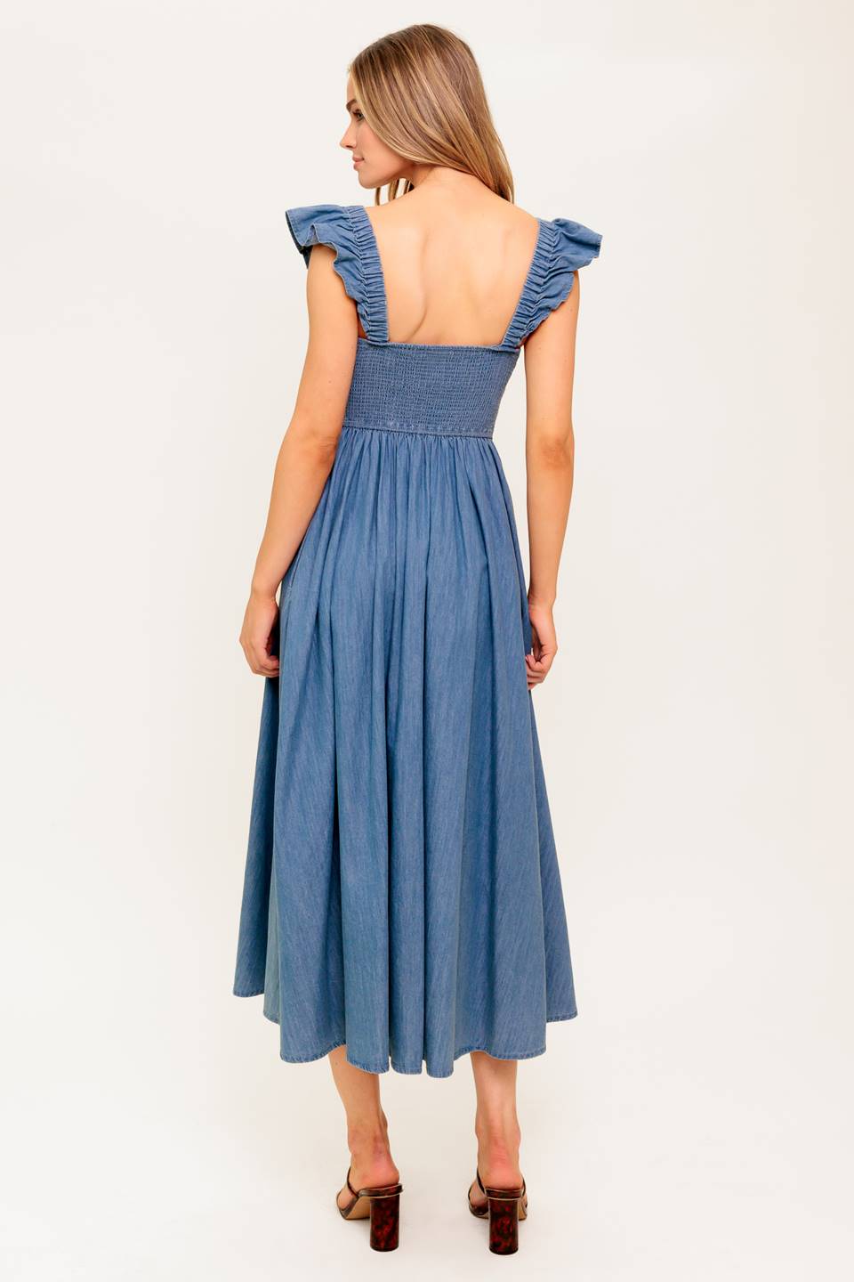 Petal Chambray A Line Summer Midi Dress with Pockets | Trendy Midi Dresses Outfit Idea for Women by Ro + Ivy | Elevated Basics, Modern Comfort & Style