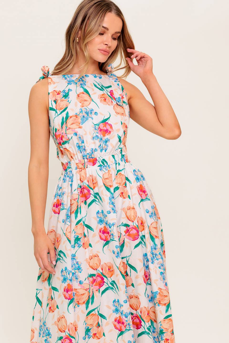 Spring Floral Print Boat Neck Sleeveless Midi Dress with Shoulder Bow Ties | Trendy Midi Dresses Outfit Idea for Women by Ro + Ivy | Elevated Basics, Modern Comfort & Style