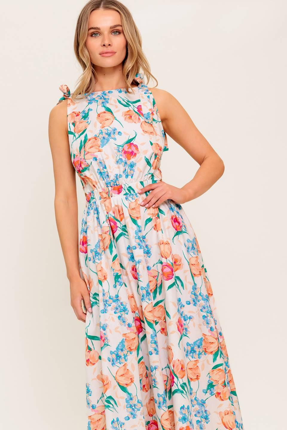 Spring Floral Print Boat Neck Sleeveless Midi Dress with Shoulder Bow Ties | Trendy Midi Dresses Outfit Idea for Women by Ro + Ivy | Elevated Basics, Modern Comfort & Style