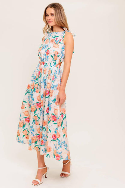 Spring Floral Print Boat Neck Sleeveless Midi Dress with Shoulder Bow Ties | Trendy Midi Dresses Outfit Idea for Women by Ro + Ivy | Elevated Basics, Modern Comfort & Style