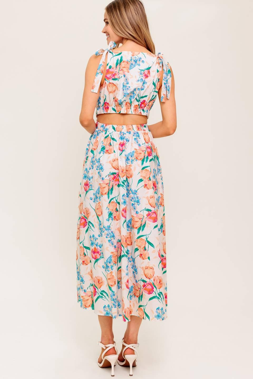 Spring Floral Print Boat Neck Sleeveless Midi Dress with Shoulder Bow Ties | Trendy Midi Dresses Outfit Idea for Women by Ro + Ivy | Elevated Basics, Modern Comfort & Style