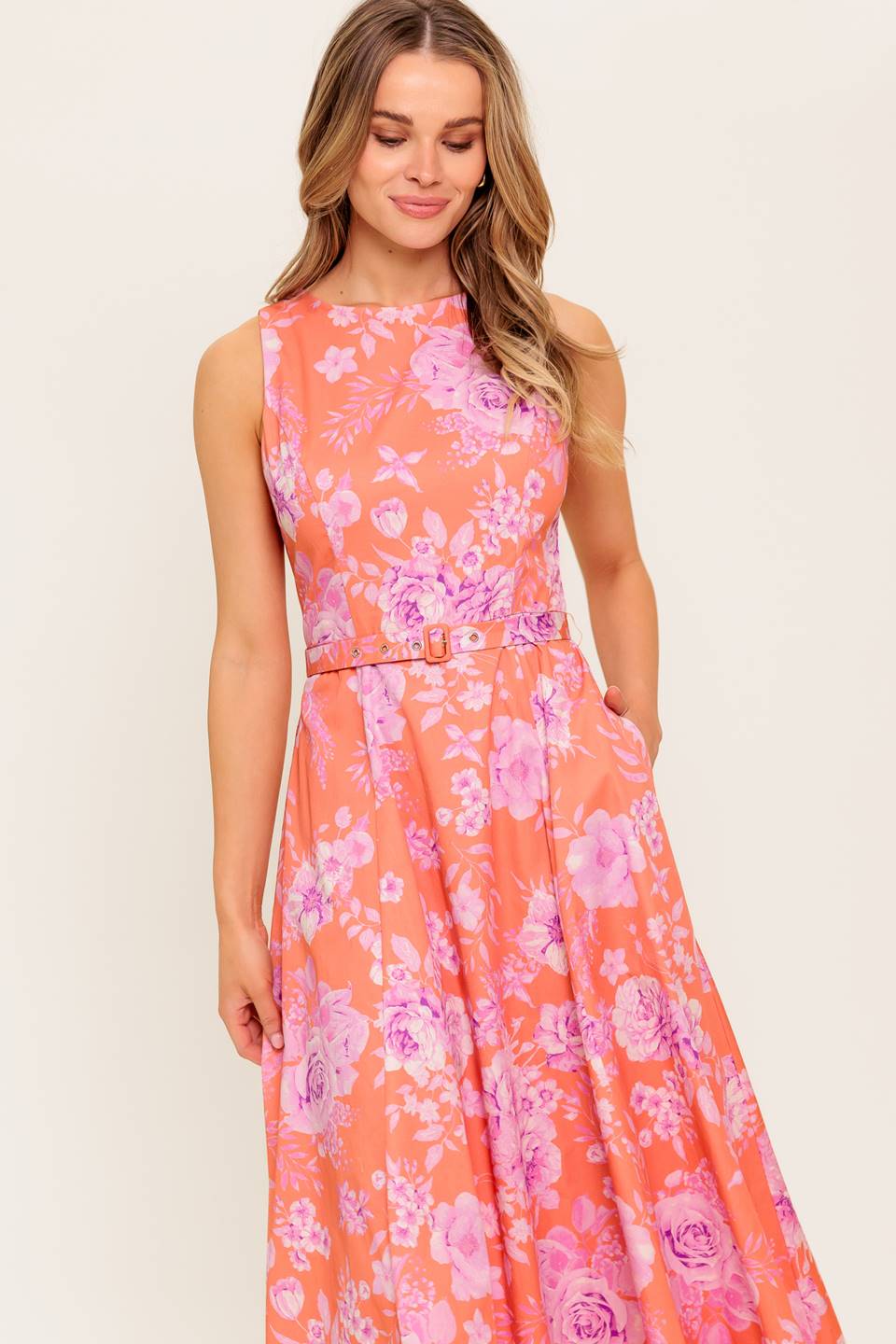 Floral Print Coral Summer Midi Dress | Trendy Midi Dresses Outfit Idea for Women by Ro + Ivy | Elevated Basics, Modern Comfort & Style