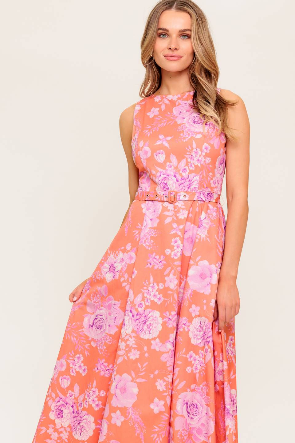 Floral Print Coral Summer Midi Dress | Trendy Midi Dresses Outfit Idea for Women by Ro + Ivy | Elevated Basics, Modern Comfort & Style