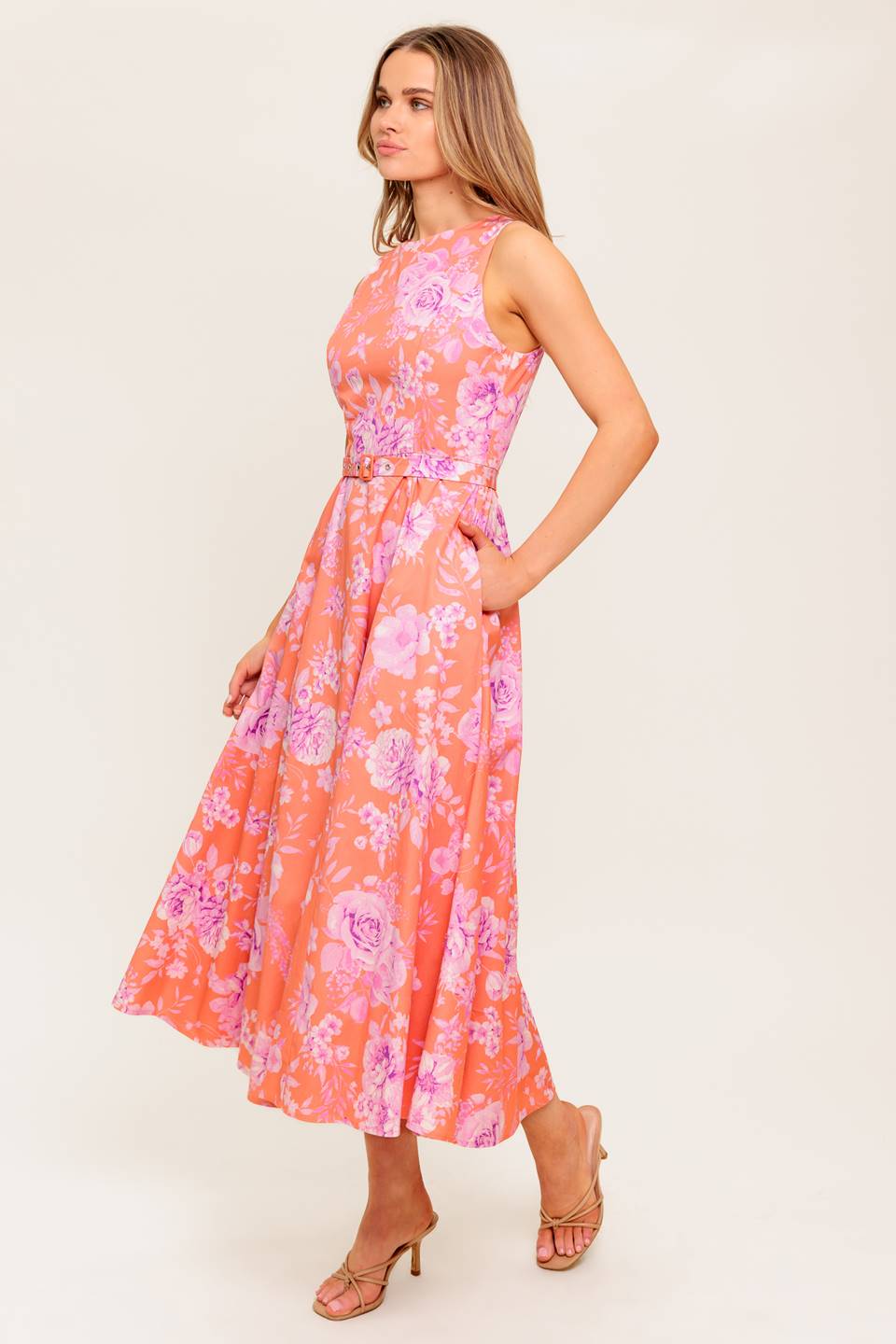 Floral Print Coral Summer Midi Dress | Trendy Midi Dresses Outfit Idea for Women by Ro + Ivy | Elevated Basics, Modern Comfort & Style