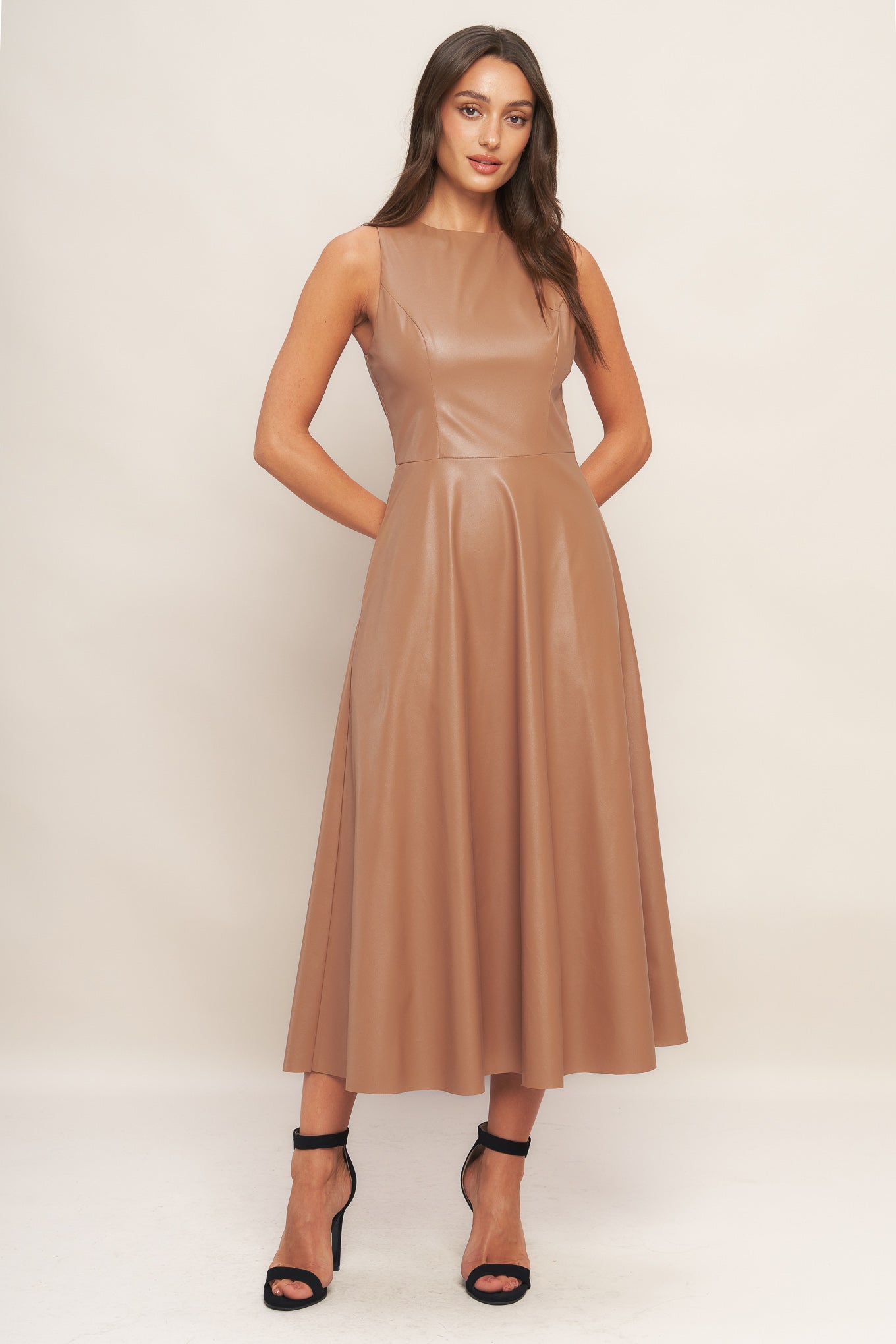 Faux Leather Round Neck Midi Dress with Pockets Trendy Midi Dresses Outfit Idea for Women | Ro + Ivy
