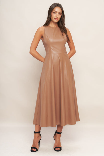 Faux Leather Round Neck Midi Dress with Pockets Trendy Midi Dresses Outfit Idea for Women | Ro + Ivy