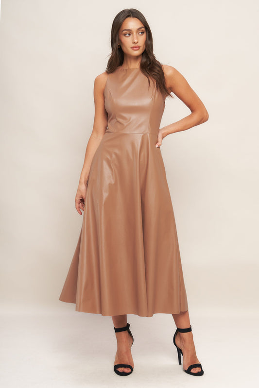 Faux Leather Round Neck Midi Dress with Pockets Trendy Midi Dresses Outfit Idea for Women | Ro + Ivy