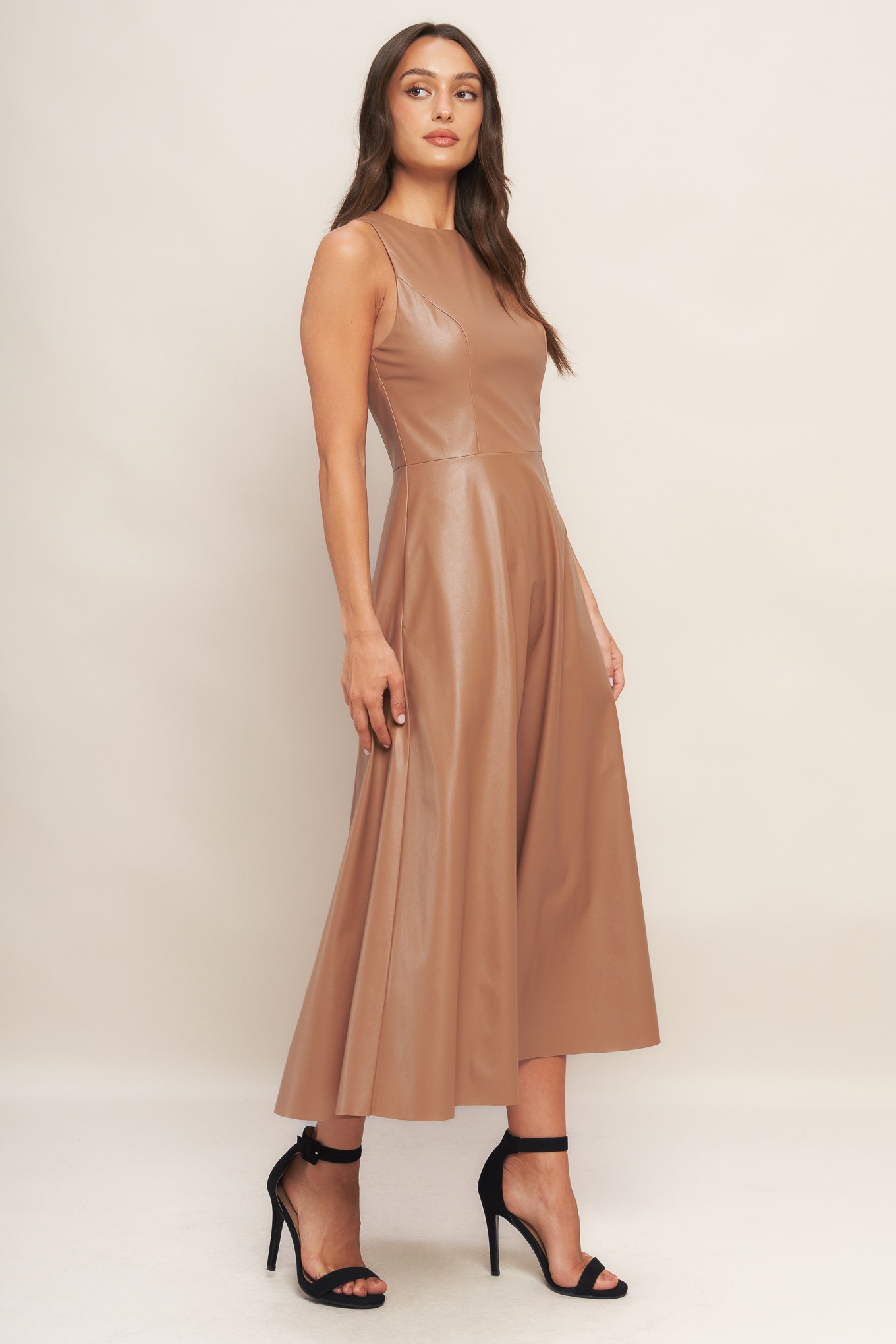 Faux Leather Round Neck Midi Dress with Pockets Trendy Midi Dresses Outfit Idea for Women | Ro + Ivy