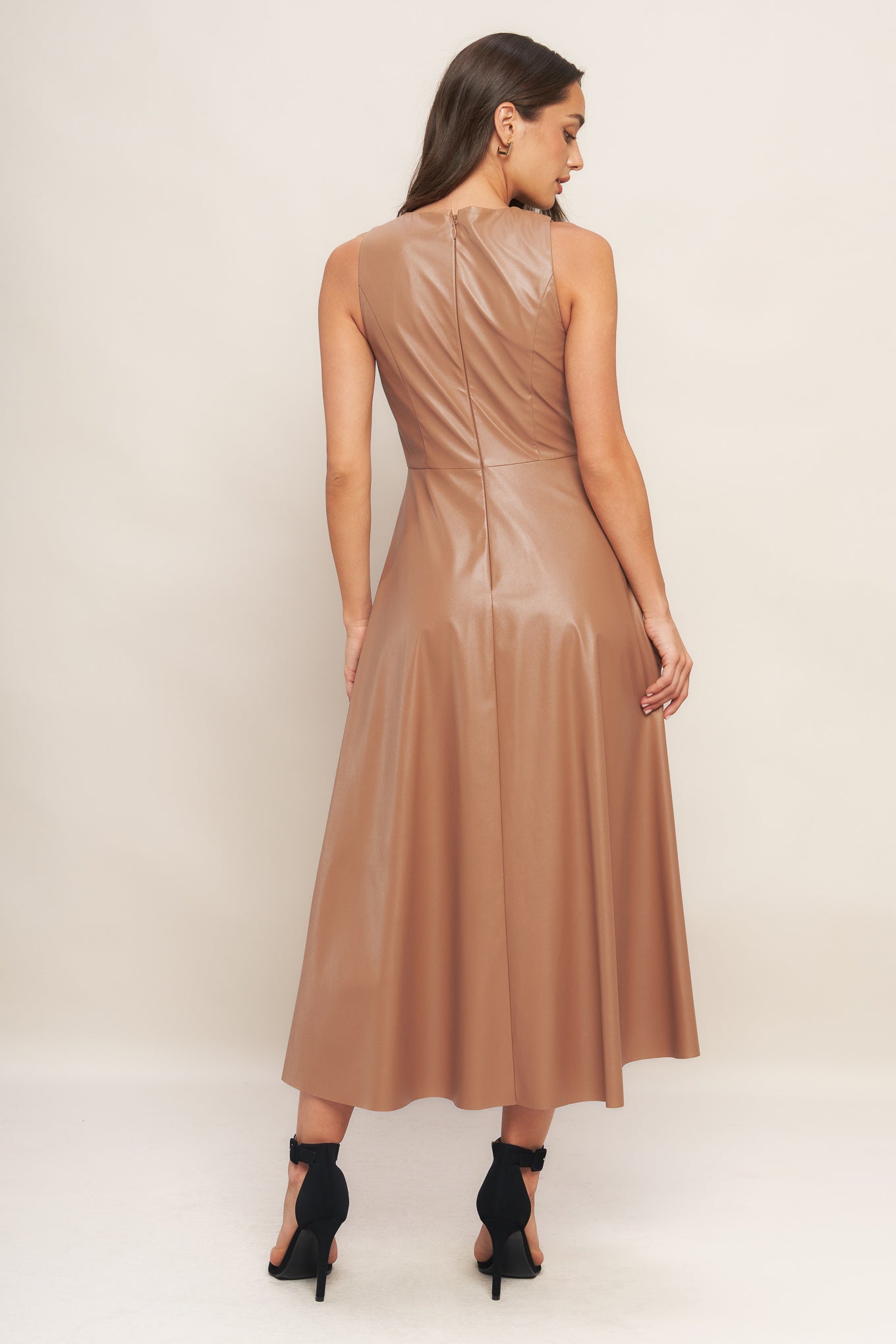 Faux Leather Round Neck Midi Dress with Pockets Trendy Midi Dresses Outfit Idea for Women | Ro + Ivy