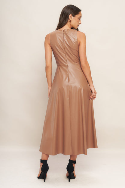 Faux Leather Round Neck Midi Dress with Pockets Trendy Midi Dresses Outfit Idea for Women | Ro + Ivy