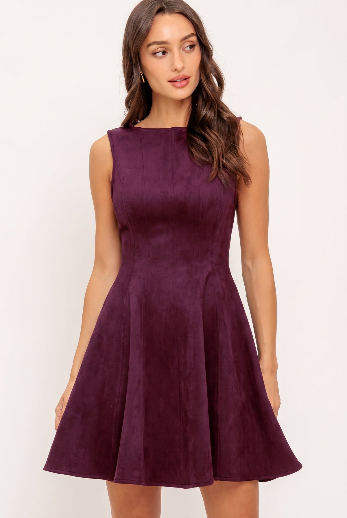 Brown Faux Suede Sleeveless Mini Dress with Round Neck and Circle Skirt BURGUNDY