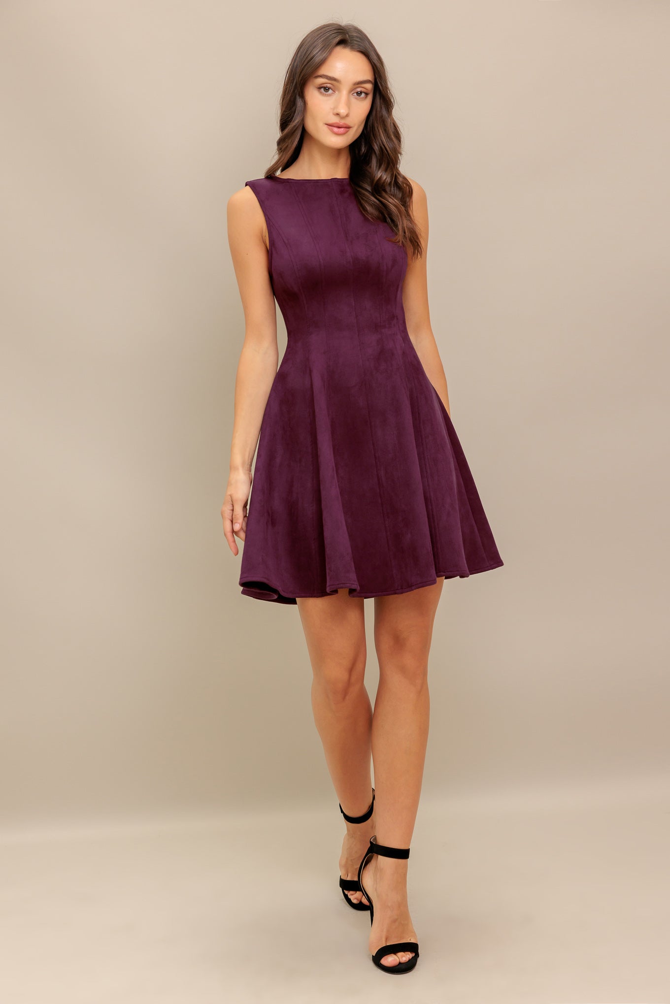 Sleeveless Boat Neck Faux Suede Mini Dress Trendy Mini Dresses Outfit Idea for Women | Ro + Ivy