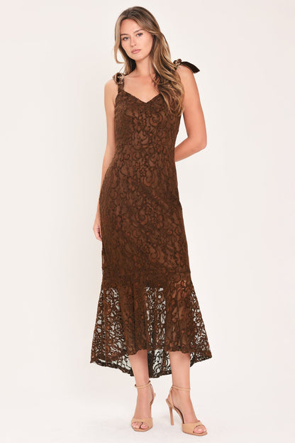 Chestnut Lace Midi Dress with Tie-Strap Shoulders and Ruffle Hem