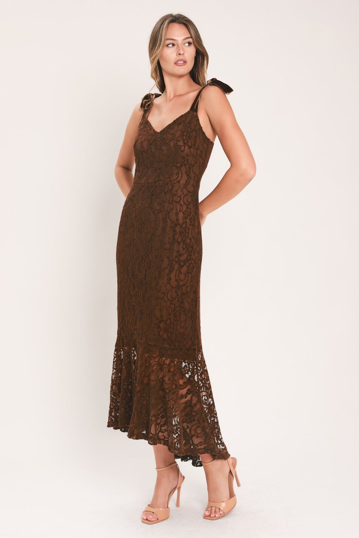 Chestnut Lace Midi Dress with Tie-Strap Shoulders and Ruffle Hem
