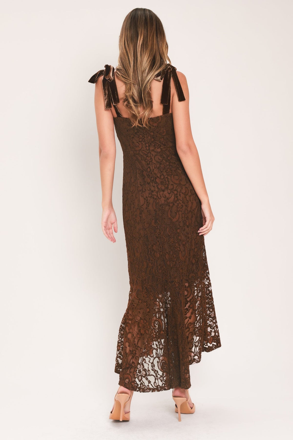 Chestnut Lace Midi Dress with Tie-Strap Shoulders and Ruffle Hem