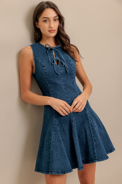 Modern Cotton Denim Mini Dress with Front Tie Trendy Mini Dresses Outfit Idea for Women | Ro + Ivy