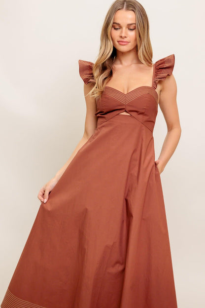 COGNAC Sweetheart Tuscan Midi Dress with Pockets | Trendy Midi Dresses Outfit Idea for Women by Ro + Ivy | Elevated Basics, Modern Comfort & Style