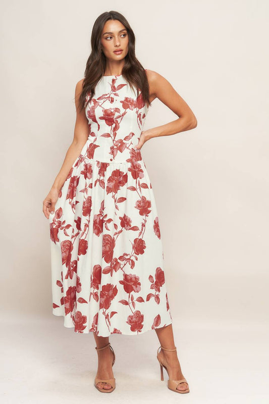 Floral Printed Sleeveless Midi Dress Trendy Midi Dresses Outfit Idea for Women | Ro + Ivy
