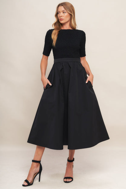 Mix Media Boat Neck A-Line Evening Black Midi Dress Trendy Midi Dresses Outfit Idea for Women | Ro + Ivy