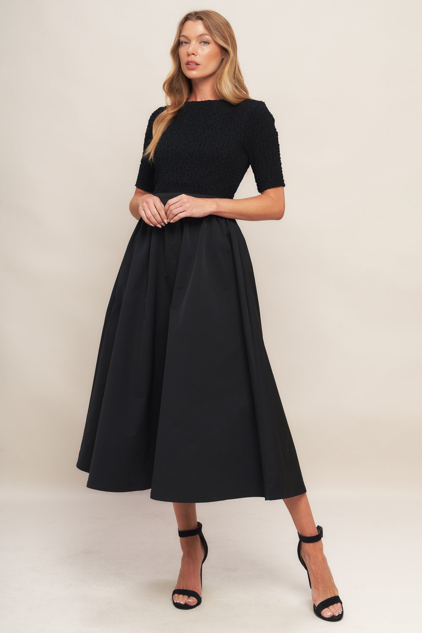 Mix Media Boat Neck A-Line Evening Black Midi Dress Trendy Midi Dresses Outfit Idea for Women | Ro + Ivy