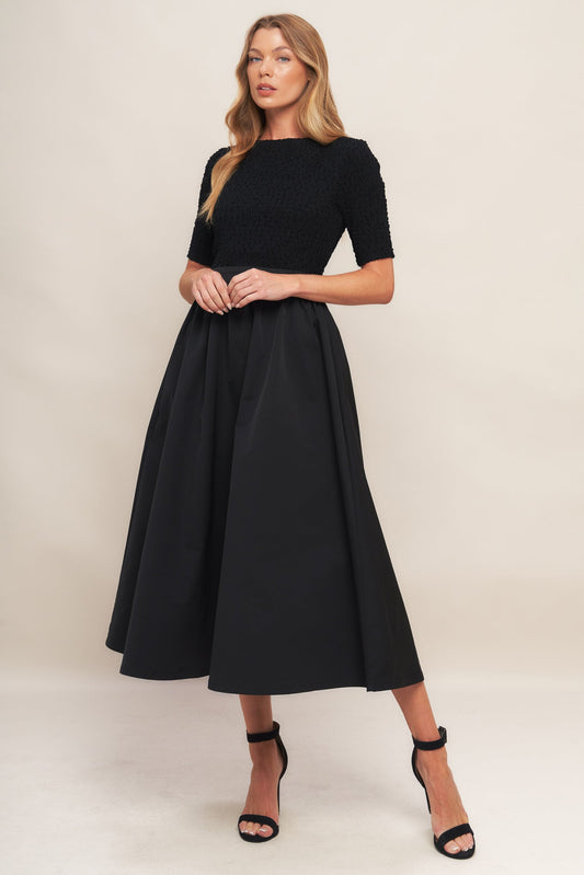 Mix Media Boat Neck A-Line Evening Black Midi Dress Trendy Midi Dresses Outfit Idea for Women | Ro + Ivy