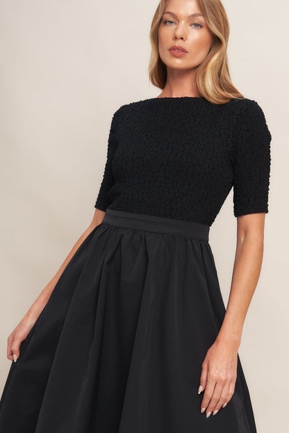 Mix Media Boat Neck A-Line Evening Black Midi Dress Trendy Midi Dresses Outfit Idea for Women | Ro + Ivy