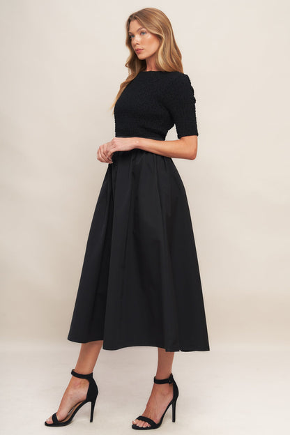 Mix Media Boat Neck A-Line Evening Black Midi Dress Trendy Midi Dresses Outfit Idea for Women | Ro + Ivy