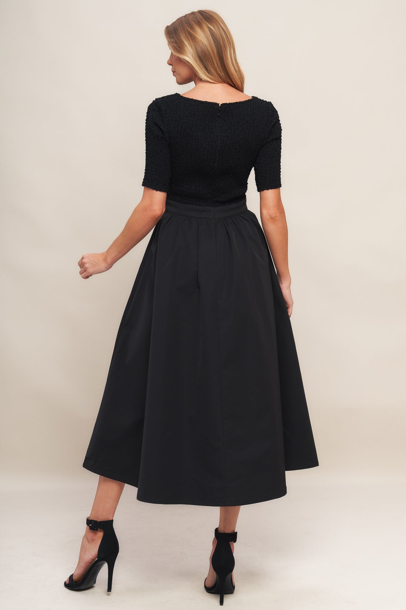 Mix Media Boat Neck A-Line Evening Black Midi Dress Trendy Midi Dresses Outfit Idea for Women | Ro + Ivy