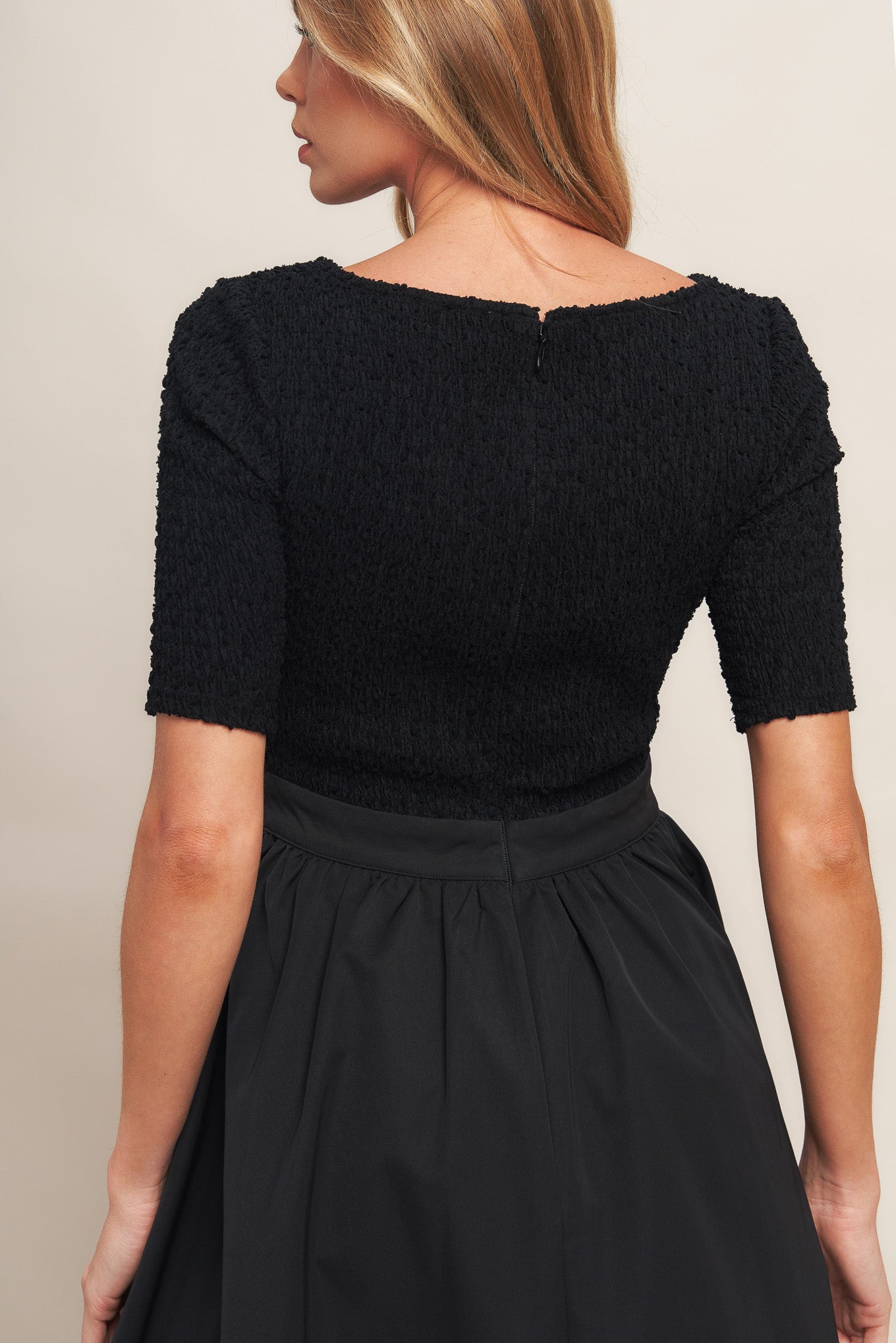 Mix Media Boat Neck A-Line Evening Black Midi Dress Trendy Midi Dresses Outfit Idea for Women | Ro + Ivy