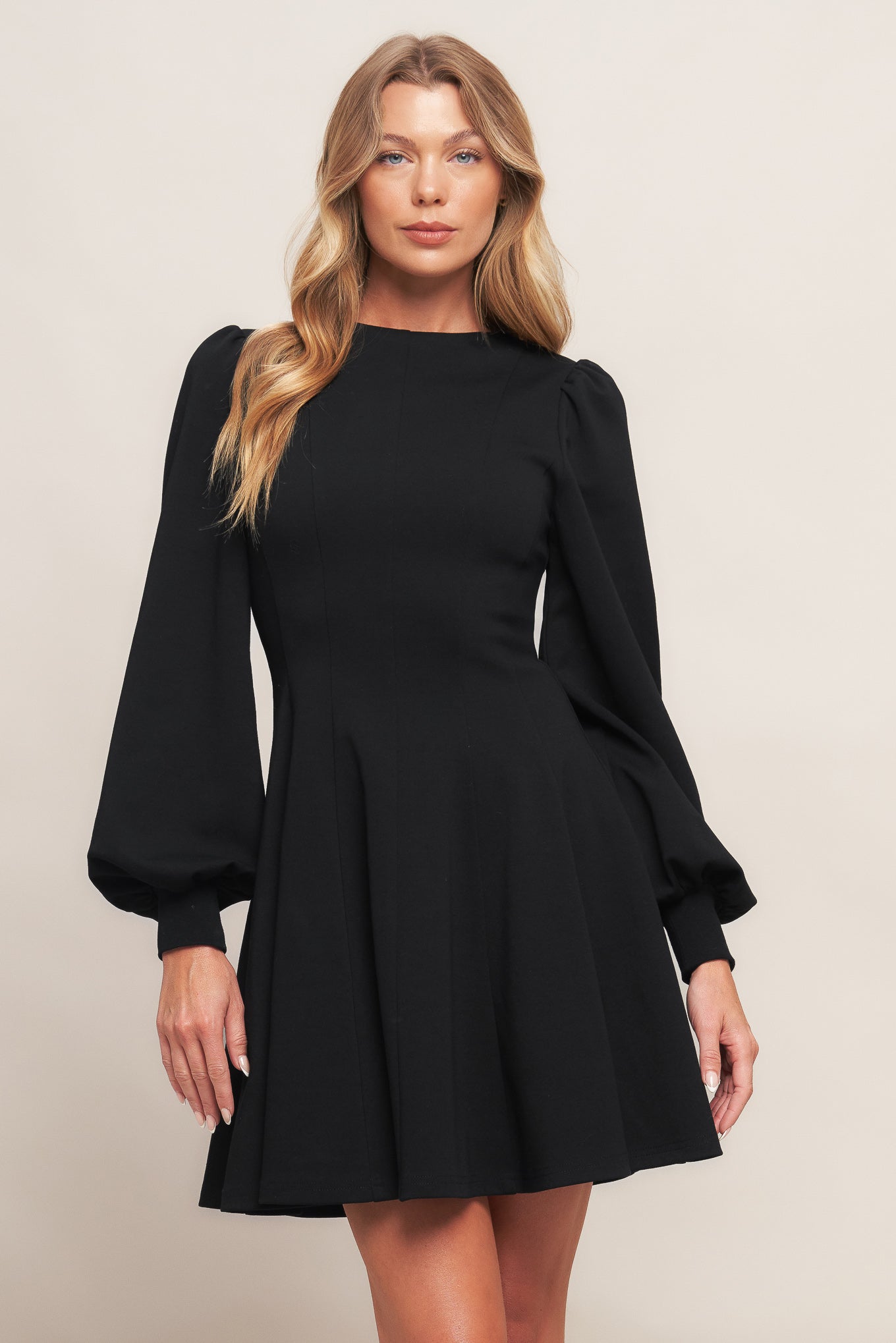 Round Neck Knit Mini Dress with Bishop Sleeves Trendy Mini Dresses Outfit Idea for Women | Ro + Ivy