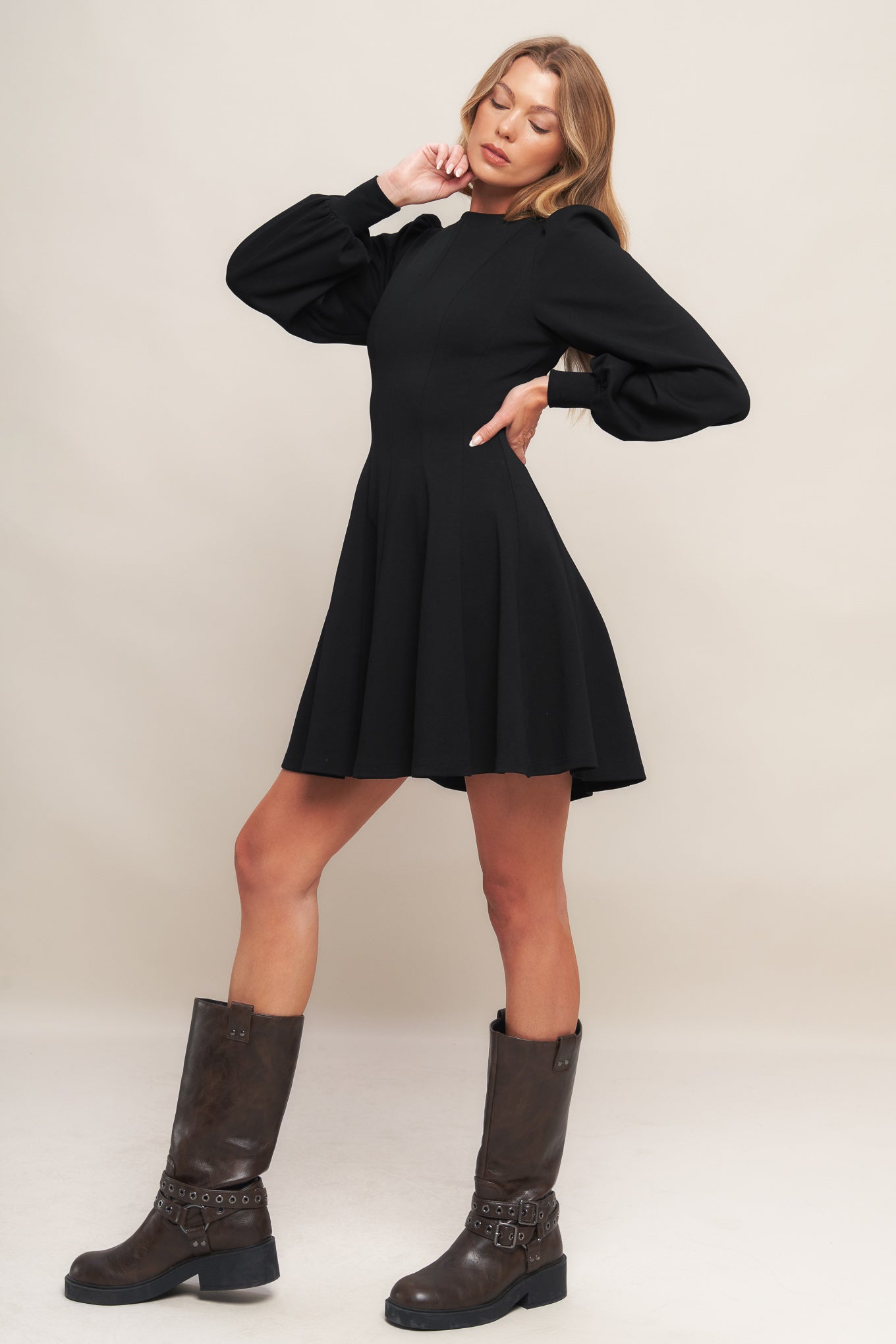 Round Neck Knit Mini Dress with Bishop Sleeves Trendy Mini Dresses Outfit Idea for Women | Ro + Ivy