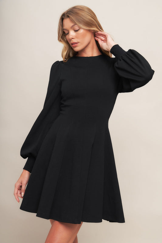 Round Neck Knit Mini Dress with Bishop Sleeves Trendy Mini Dresses Outfit Idea for Women | Ro + Ivy