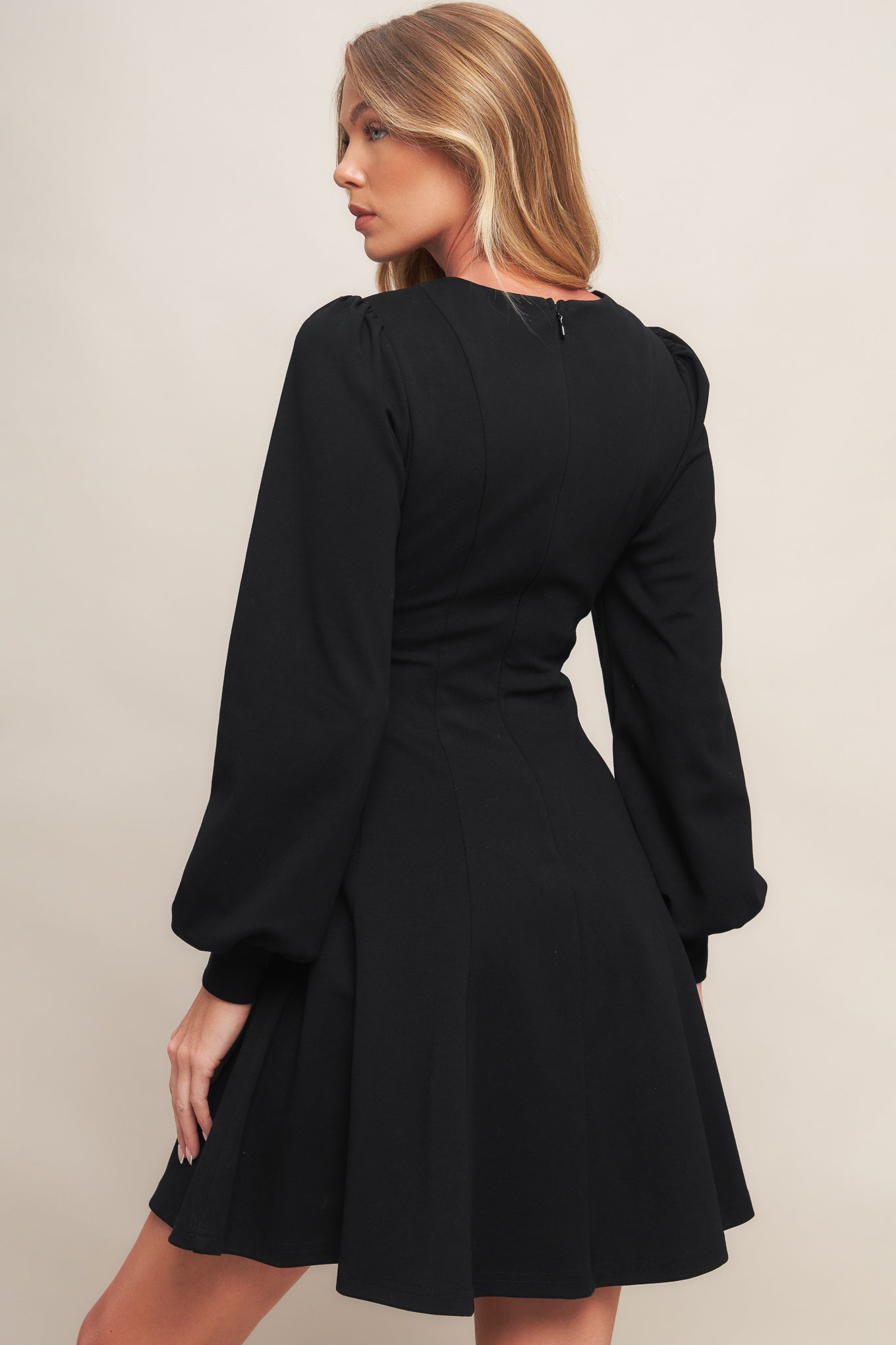 Round Neck Knit Mini Dress with Bishop Sleeves Trendy Mini Dresses Outfit Idea for Women | Ro + Ivy