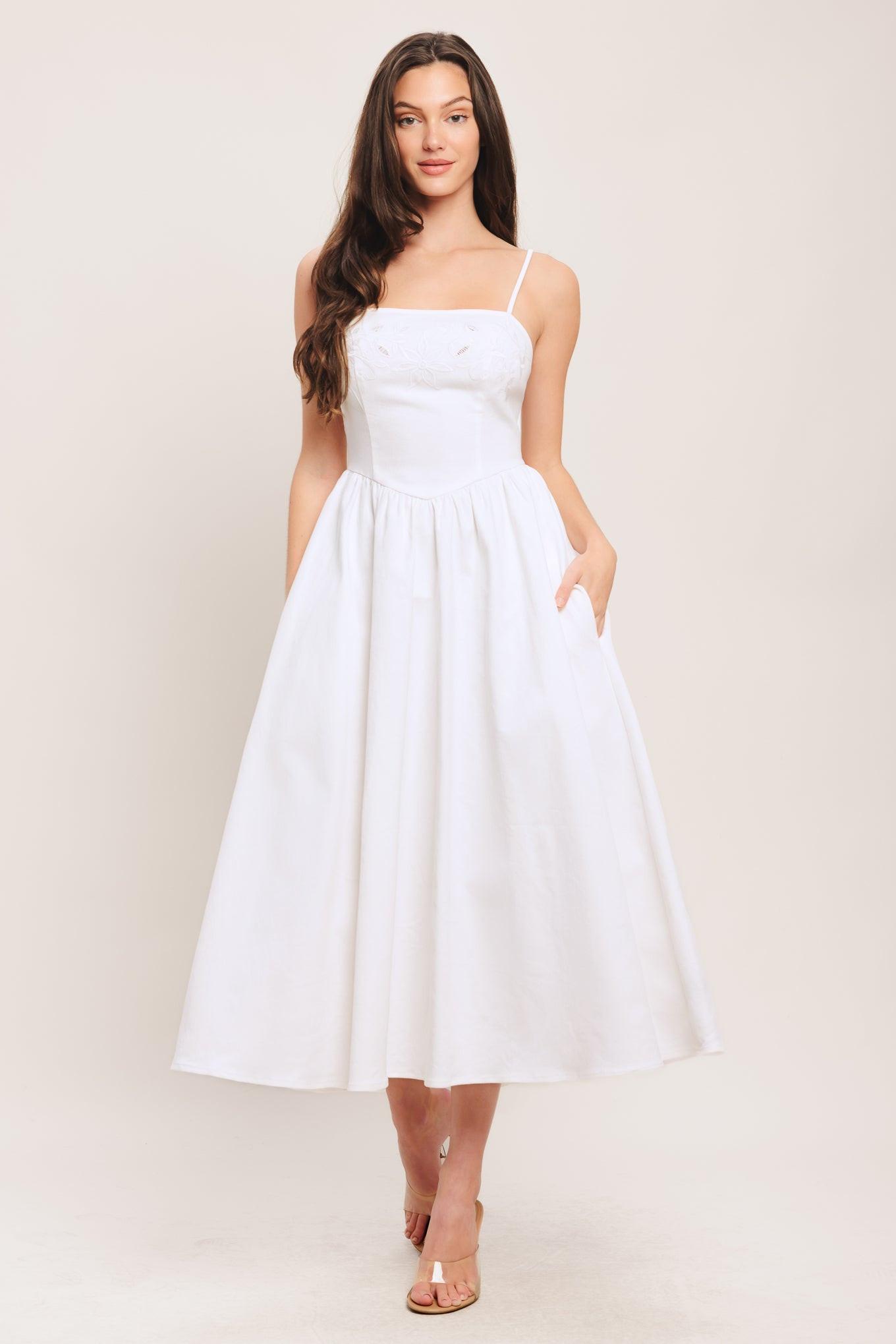 Embroidered Petal Midi Dress with Pockets