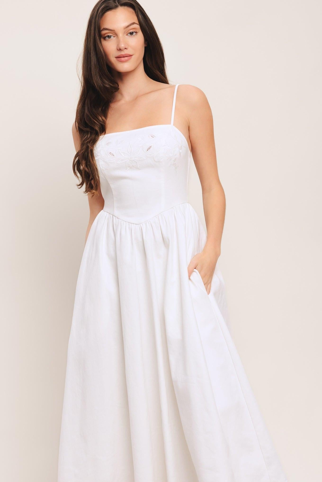 Embroidered Petal Midi Dress with Pockets