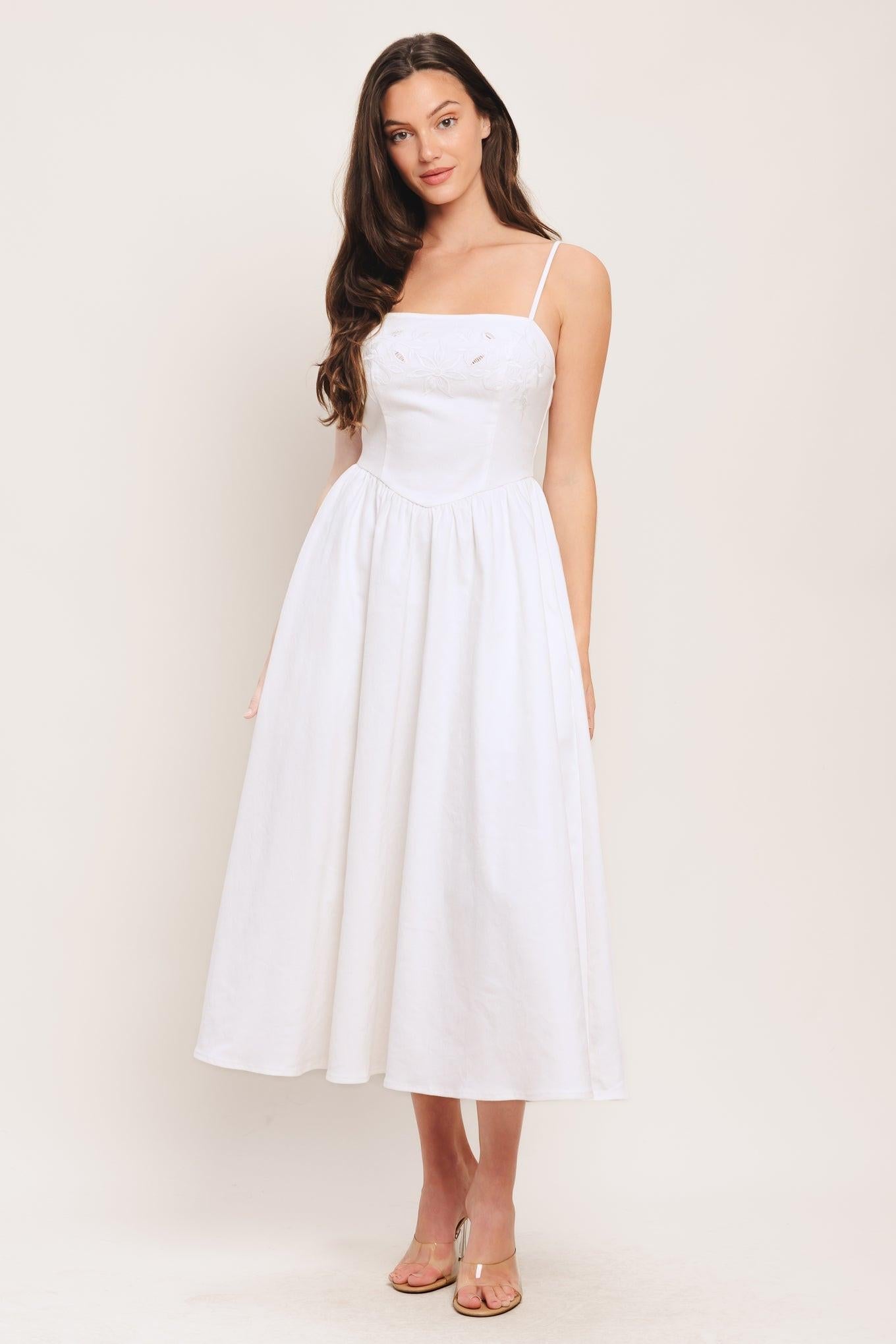 Embroidered Petal Midi Dress with Pockets