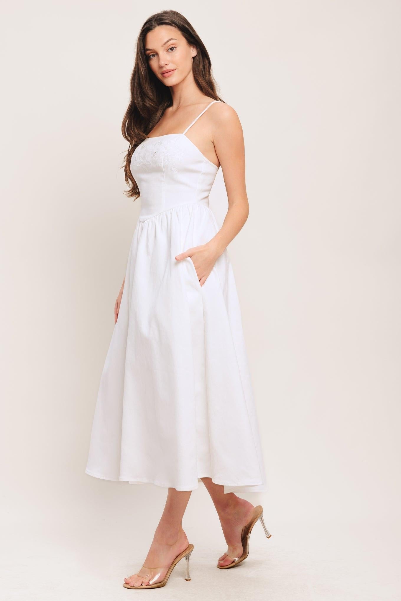 Embroidered Petal Midi Dress with Pockets